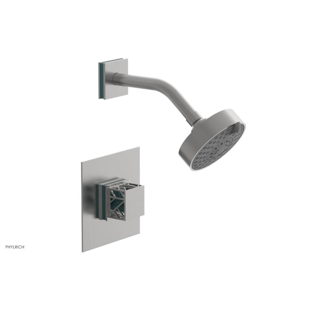Satin Chrome Jolie Pressure Balance Shower Set With Square Trim, Square Cutaway Handle, And Turquo