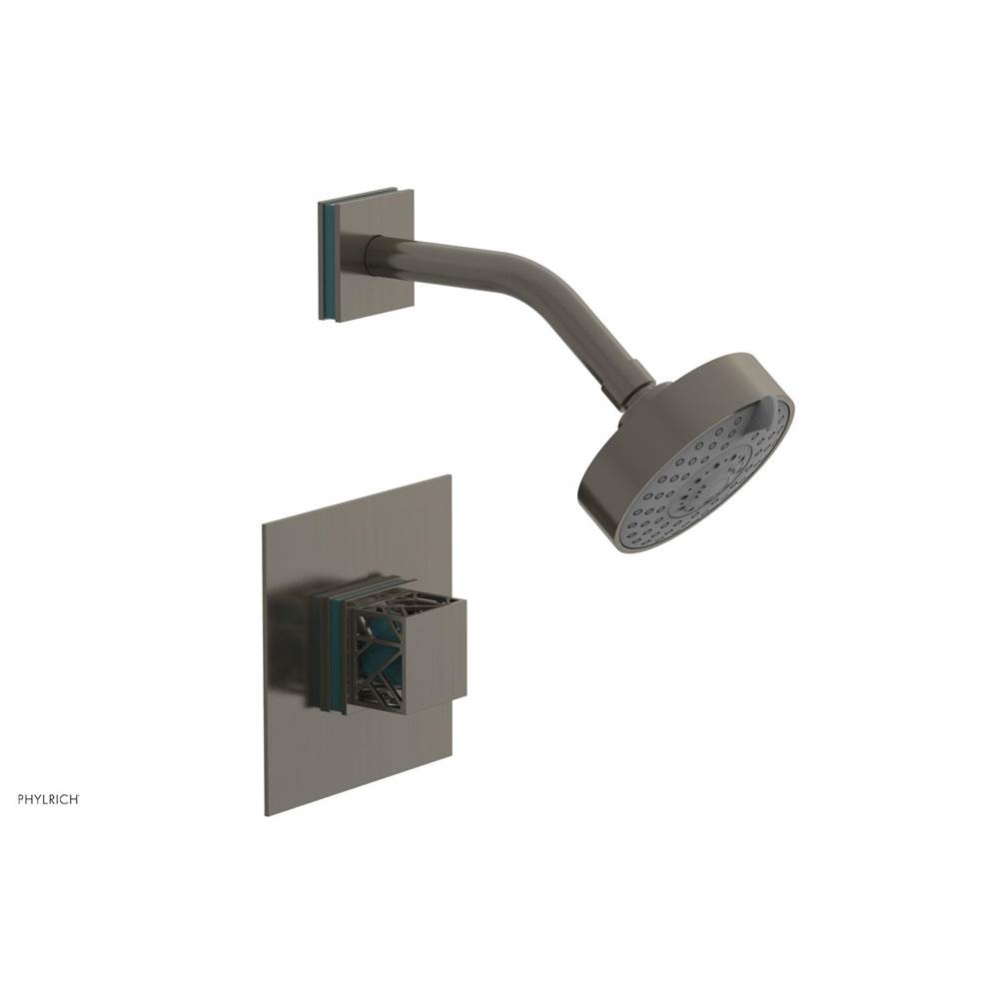 Pewter Jolie Pressure Balance Shower Set With Square Trim, Square Cutaway Handle, And Turquoise Ac