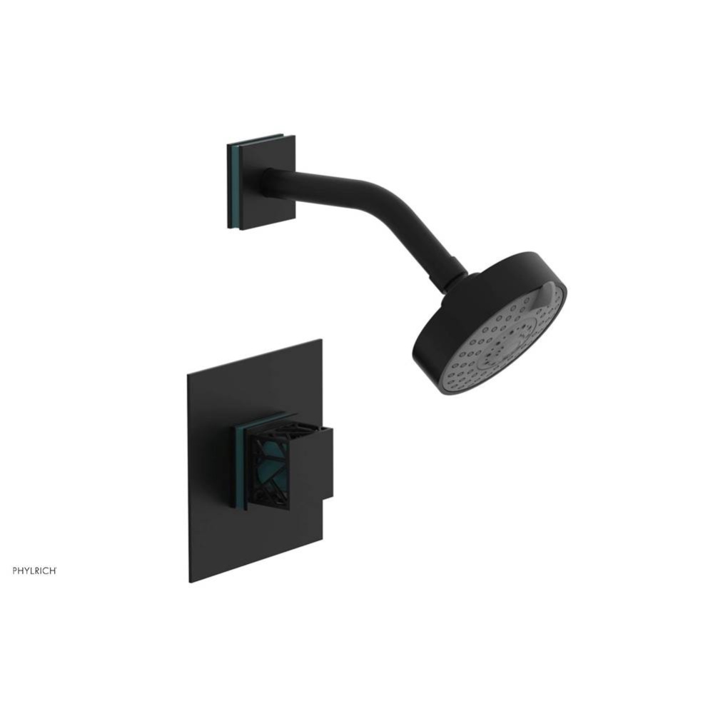 Matte Black Jolie Pressure Balance Shower Set With Square Trim, Square Cutaway Handle, And Turquoi