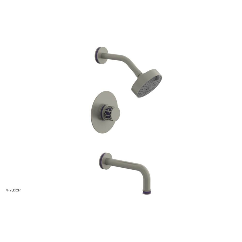 Burnished Nickel Jolie Pressure Balance Tub & Shower Set With Round Trim, Tubular Tub Spout, R
