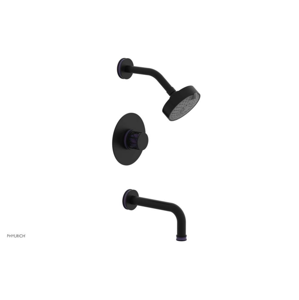 Matte Black Jolie Pressure Balance Tub & Shower Set With Round Trim, Tubular Tub Spout, Round