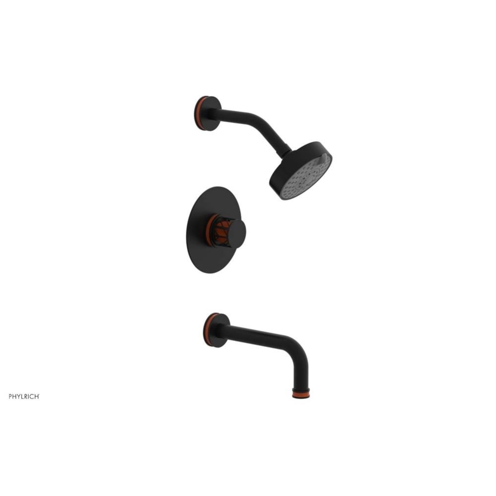 Matte Black Jolie Pressure Balance Tub & Shower Set With Round Trim, Tubular Tub Spout, Round