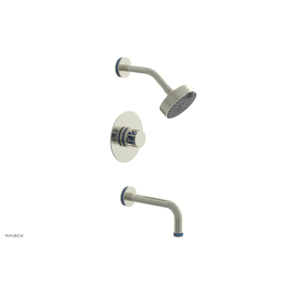 Satin Nickel Jolie Pressure Balance Tub & Shower Set With Round Trim, Tubular Tub Spout, Round