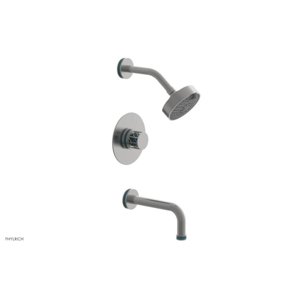 Satin Chrome Jolie Pressure Balance Tub & Shower Set With Round Trim, Tubular Tub Spout, Round
