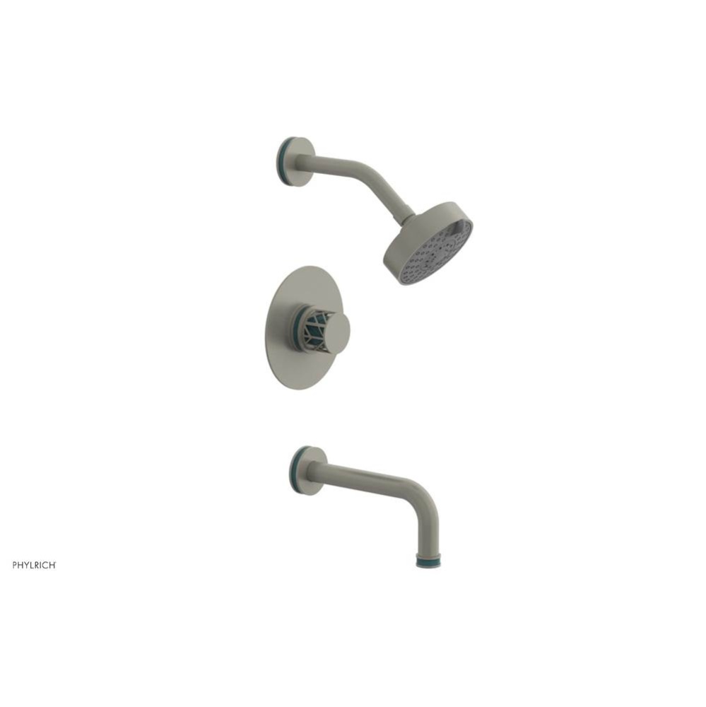 Burnished Nickel Jolie Pressure Balance Tub & Shower Set With Round Trim, Tubular Tub Spout, R