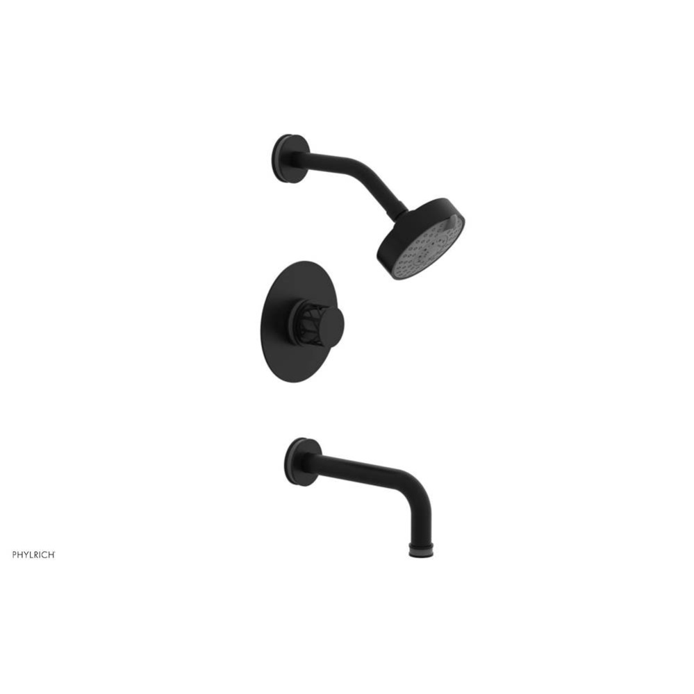 Matte Black Jolie Pressure Balance Tub & Shower Set With Round Trim, Tubular Tub Spout, Round