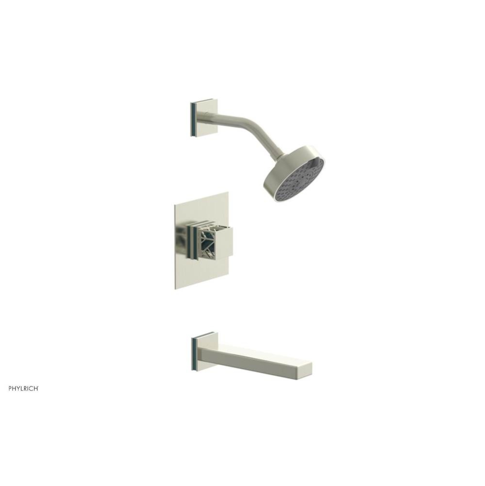Satin Nickel Jolie Pressure Balance Tub & Shower Set With Square Trim, Rectangular Tub Spout,