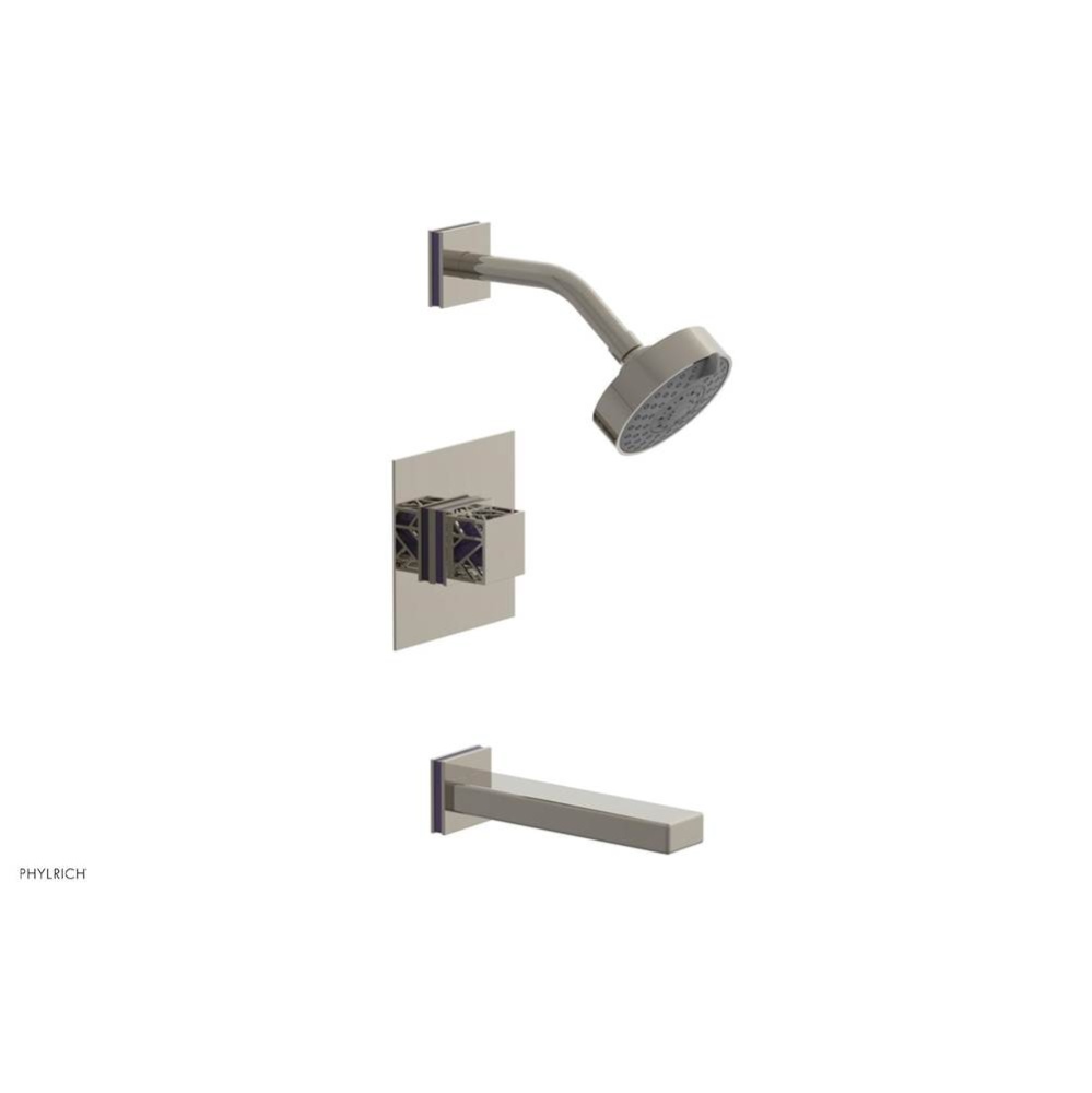 Polished Nickel Jolie Pressure Balance Tub & Shower Set With Square Trim, Rectangular Tub Spou
