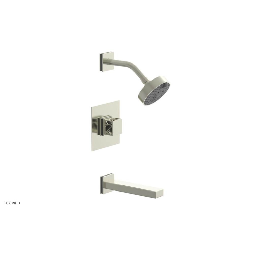 Satin Nickel Jolie Pressure Balance Tub & Shower Set With Square Trim, Rectangular Tub Spout,