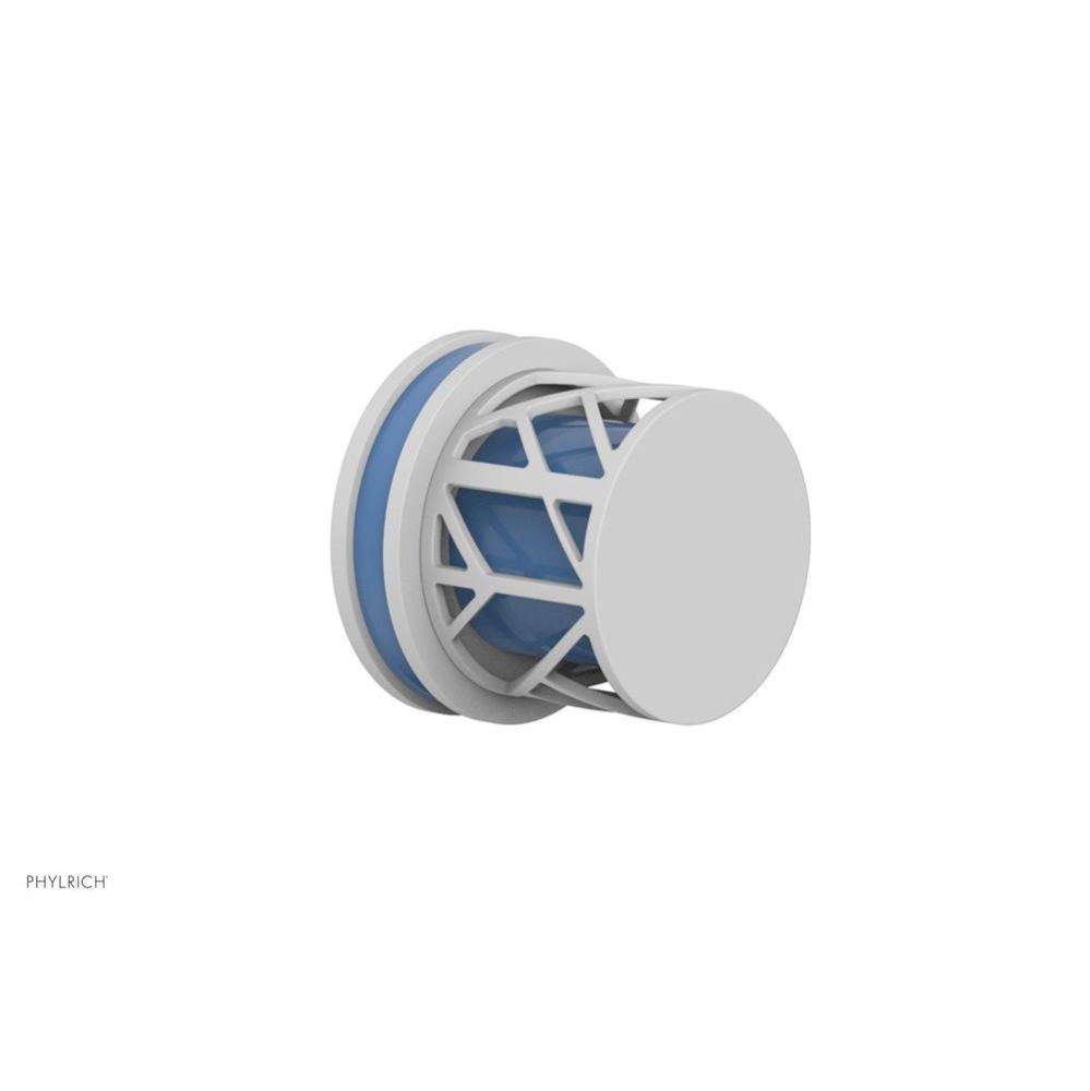Satin White Jolie Diverter/Volume Control Trim With Round Cutaway Handles And Light Blue Accents