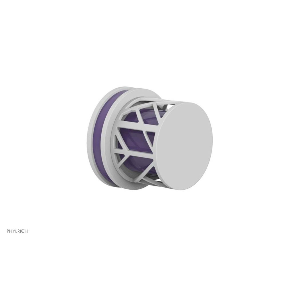 Satin White Jolie Diverter/Volume Control Trim With Round Cutaway Handles And Purple Accents