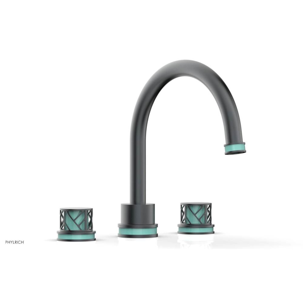 Gunmetal Gray Jolie 3-Hole Deck Tub Filler With Gooseneck Spout, Round Cutaway Handles, And Turquo