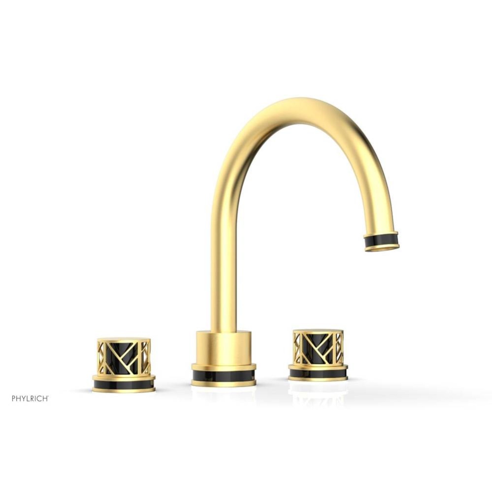 Burnished Gold Jolie 3-Hole Deck Tub Filler With Gooseneck Spout, Round Cutaway Handles, And Black