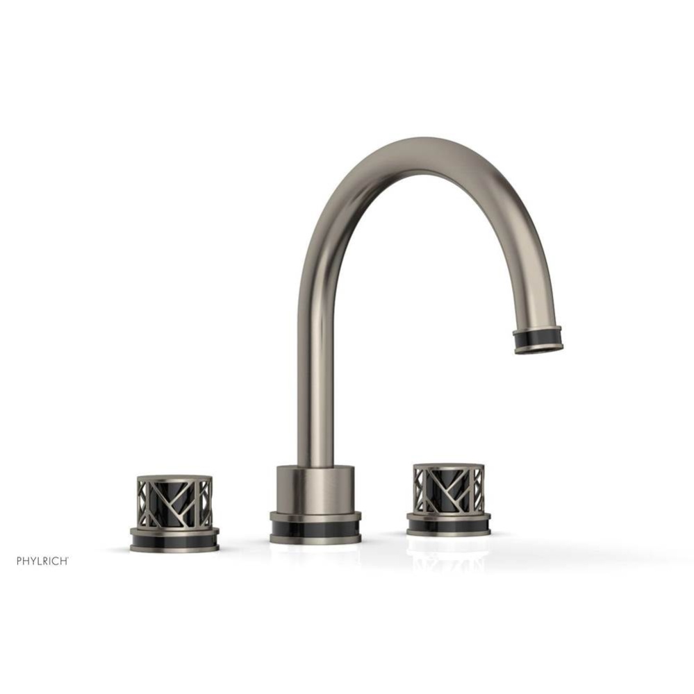 Pewter Jolie 3-Hole Deck Tub Filler With Gooseneck Spout, Round Cutaway Handles, And Black Accents
