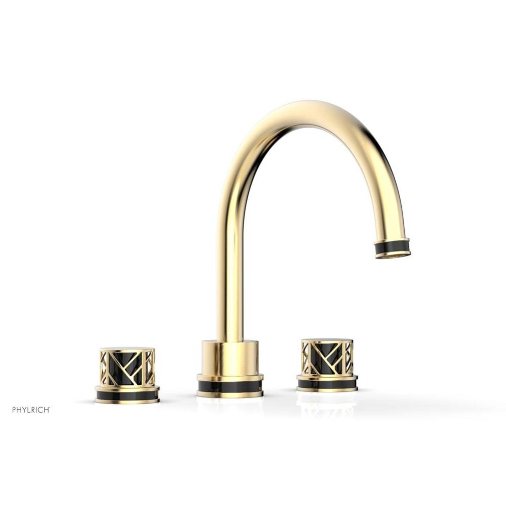 Satin Brass Jolie 3-Hole Deck Tub Filler With Gooseneck Spout, Round Cutaway Handles, And Black Ac