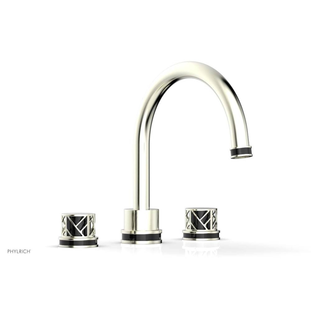 Satin Nickel Jolie 3-Hole Deck Tub Filler With Gooseneck Spout, Round Cutaway Handles, And Black A