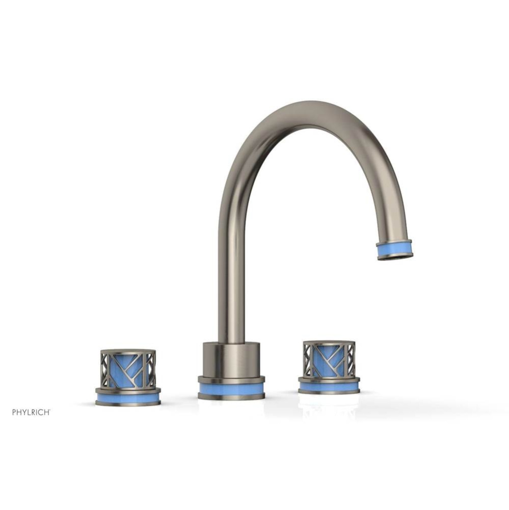 Pewter Jolie 3-Hole Deck Tub Filler With Gooseneck Spout, Round Cutaway Handles, And Light Blue Ac