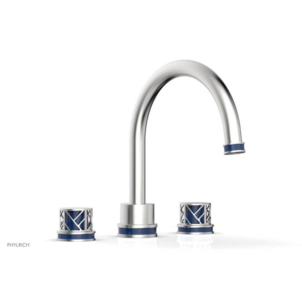 Satin Chrome Jolie 3-Hole Deck Tub Filler With Gooseneck Spout, Round Cutaway Handles, And Navy Bl