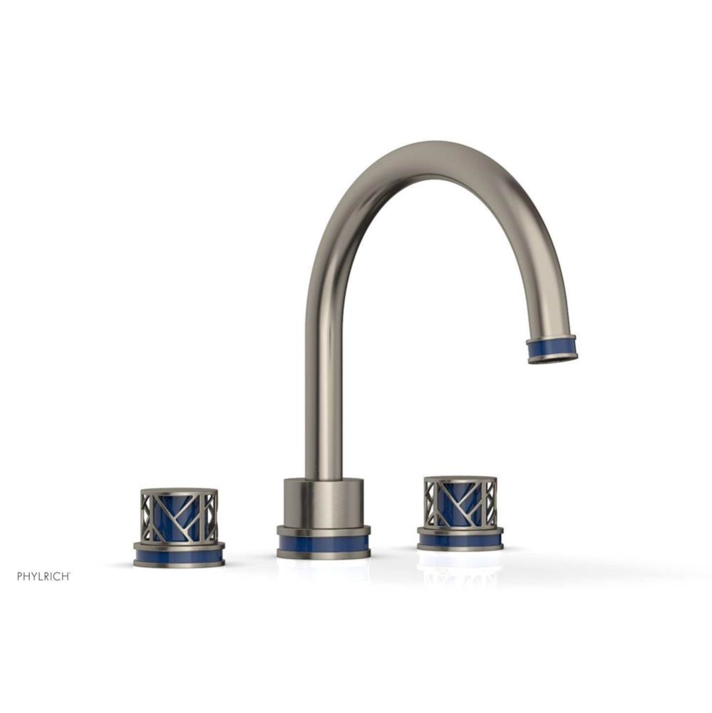 Pewter Jolie 3-Hole Deck Tub Filler With Gooseneck Spout, Round Cutaway Handles, And Navy Blue Acc