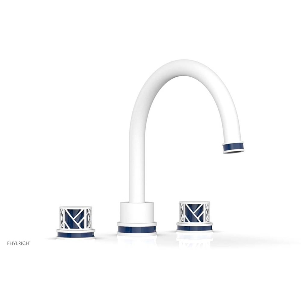Satin White Jolie 3-Hole Deck Tub Filler With Gooseneck Spout, Round Cutaway Handles, And Navy Blu