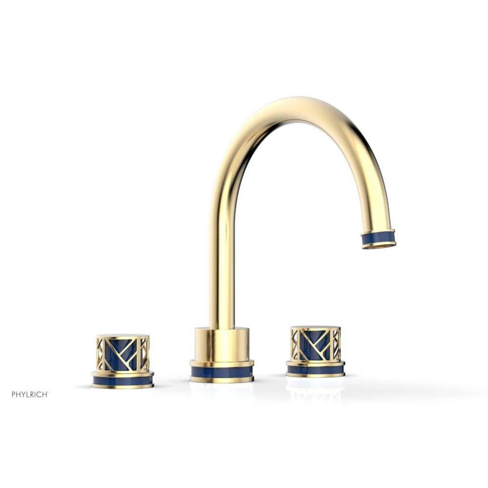 Satin Brass Jolie 3-Hole Deck Tub Filler With Gooseneck Spout, Round Cutaway Handles, And Navy Blu
