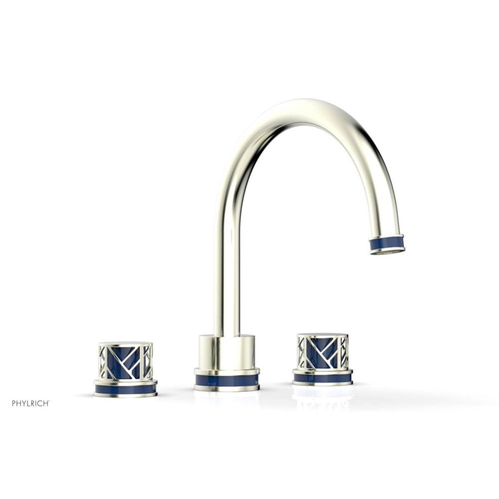 Satin Nickel Jolie 3-Hole Deck Tub Filler With Gooseneck Spout, Round Cutaway Handles, And Navy Bl