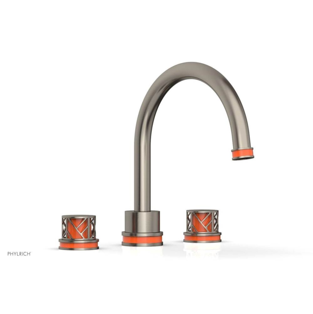 Pewter Jolie 3-Hole Deck Tub Filler With Gooseneck Spout, Round Cutaway Handles, And Orange Accent