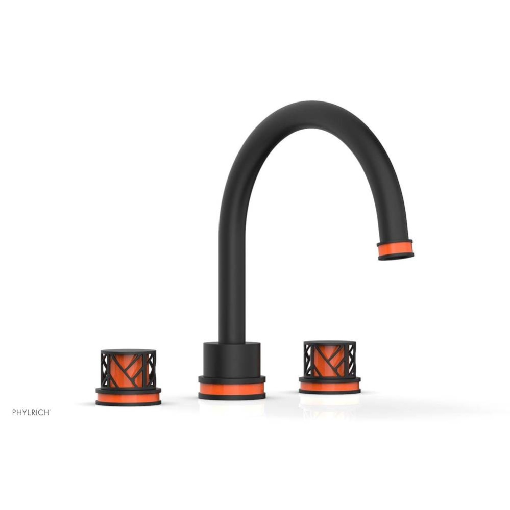 Matte Black Jolie 3-Hole Deck Tub Filler With Gooseneck Spout, Round Cutaway Handles, And Orange A