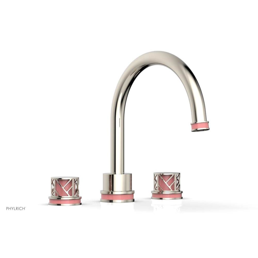 Polished Nickel Jolie 3-Hole Deck Tub Filler With Gooseneck Spout, Round Cutaway Handles, And Pink