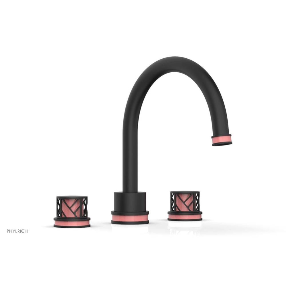 Matte Black Jolie 3-Hole Deck Tub Filler With Gooseneck Spout, Round Cutaway Handles, And Pink Acc