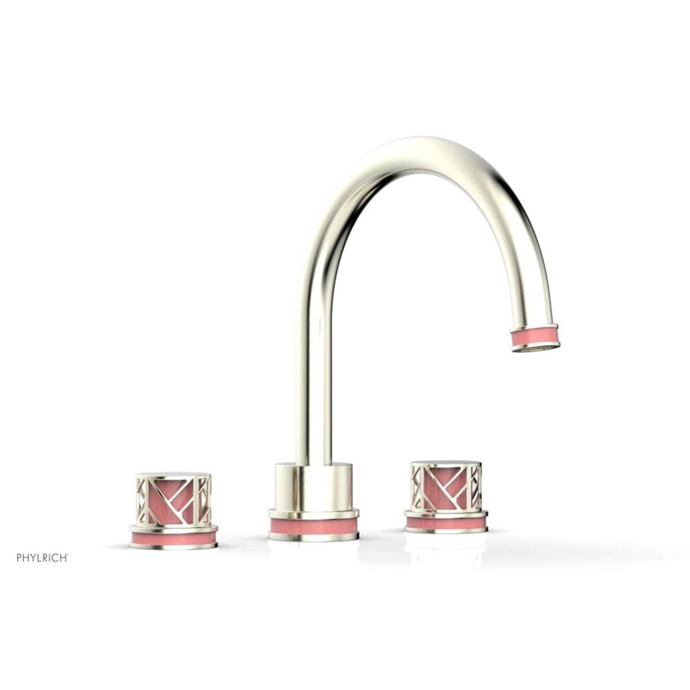 Satin Nickel Jolie 3-Hole Deck Tub Filler With Gooseneck Spout, Round Cutaway Handles, And Pink Ac