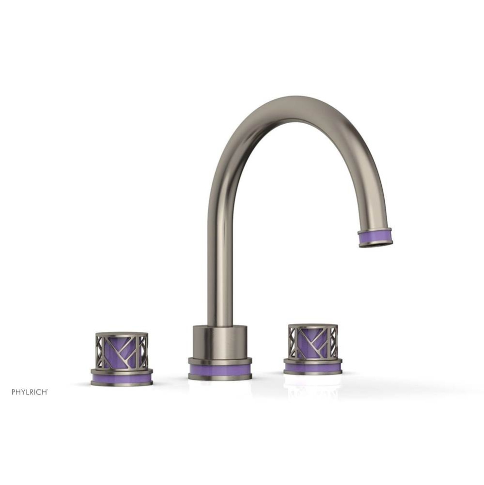 Pewter Jolie 3-Hole Deck Tub Filler With Gooseneck Spout, Round Cutaway Handles, And Purple Accent