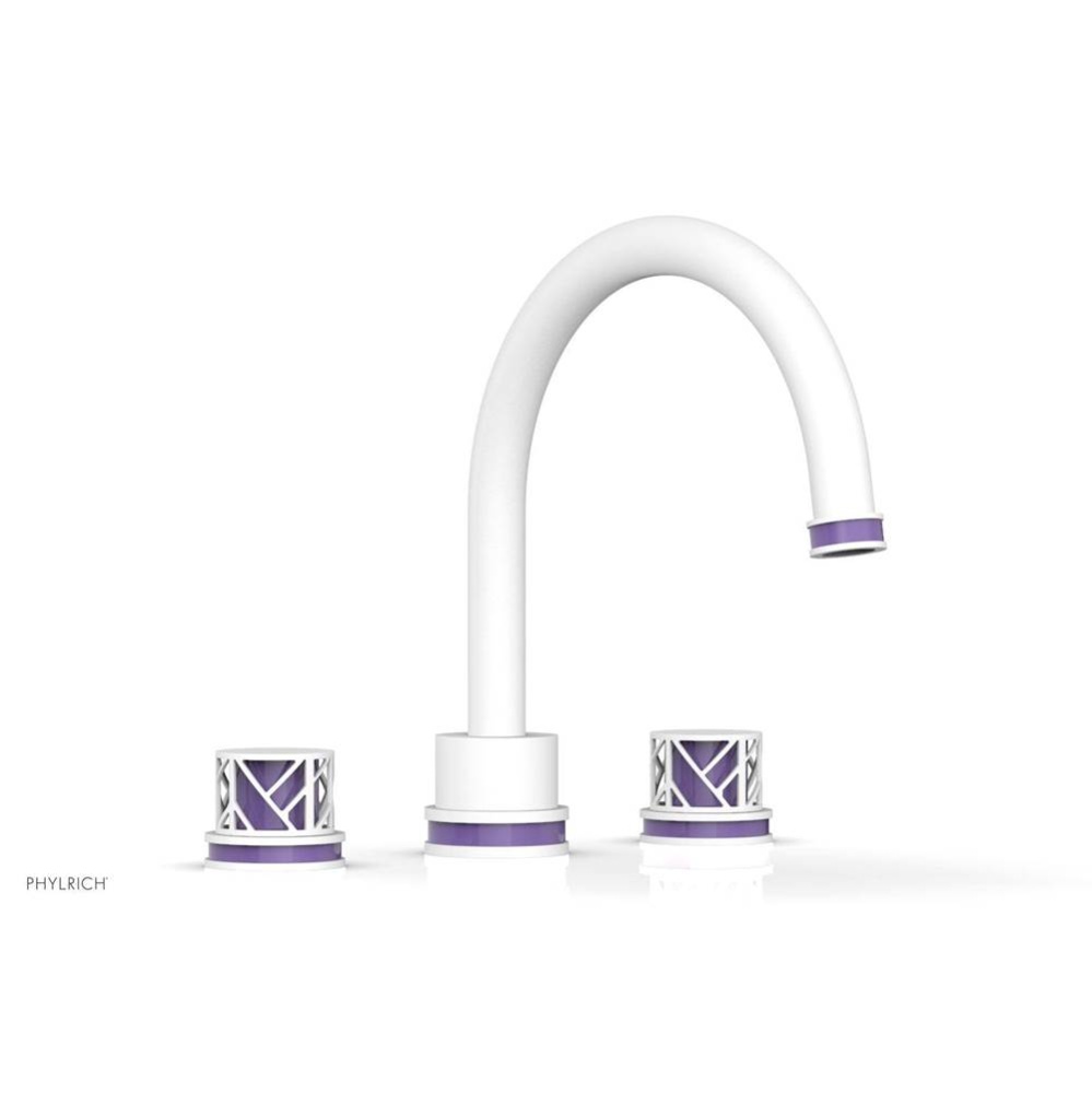 Satin White Jolie 3-Hole Deck Tub Filler With Gooseneck Spout, Round Cutaway Handles, And Purple A