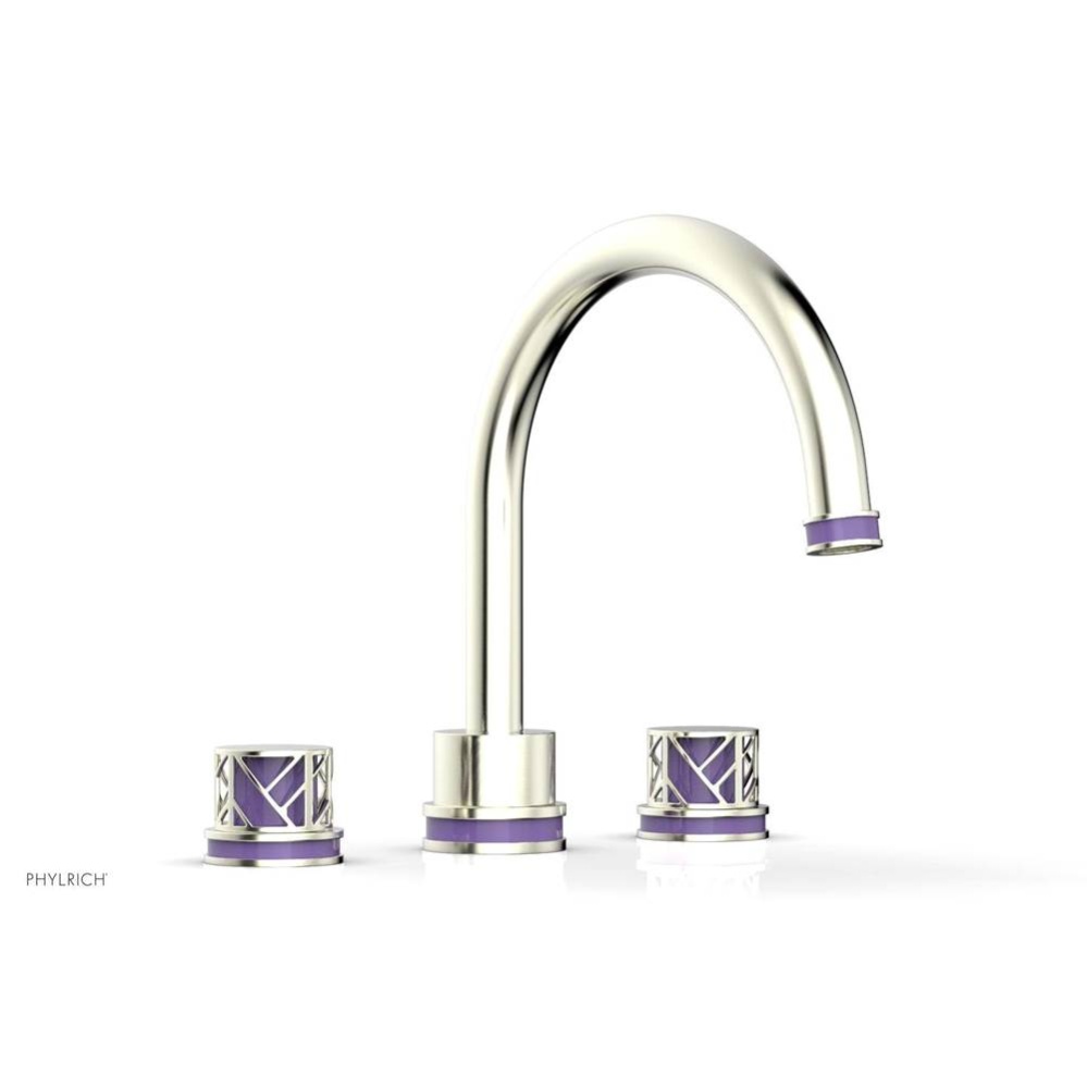 Satin Nickel Jolie 3-Hole Deck Tub Filler With Gooseneck Spout, Round Cutaway Handles, And Purple