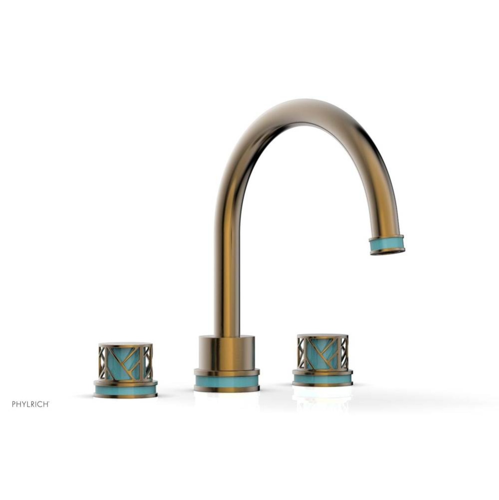 Antique Brass Jolie 3-Hole Deck Tub Filler With Gooseneck Spout, Round Cutaway Handles, And Turquo
