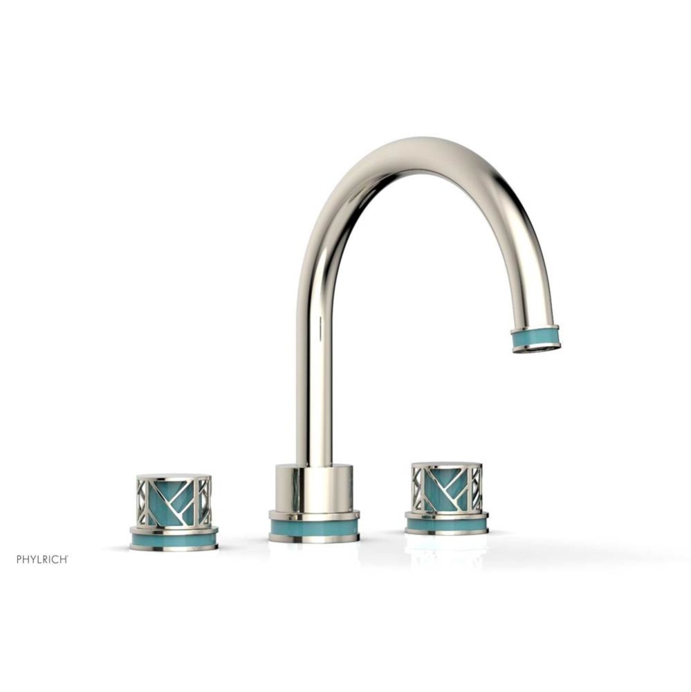 Polished Nickel Jolie 3-Hole Deck Tub Filler With Gooseneck Spout, Round Cutaway Handles, And Turq