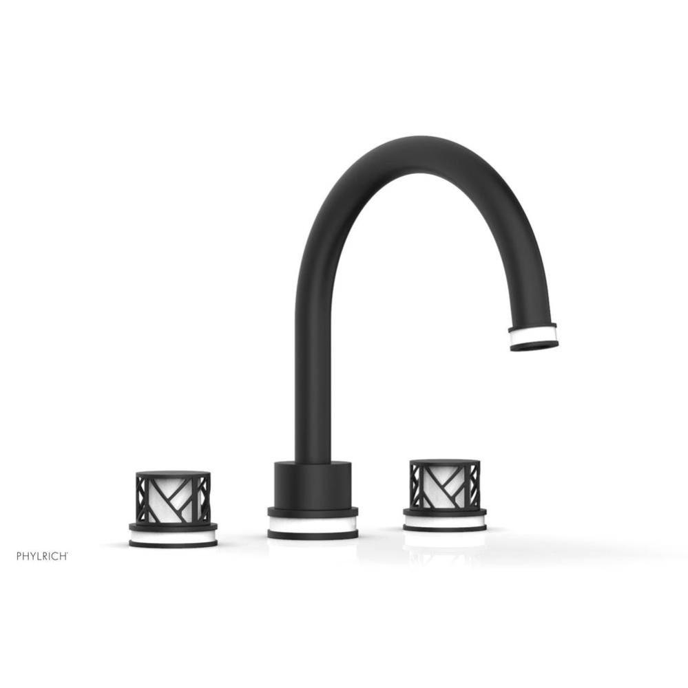 Matte Black Jolie 3-Hole Deck Tub Filler With Gooseneck Spout, Round Cutaway Handles, And Gloss Wh