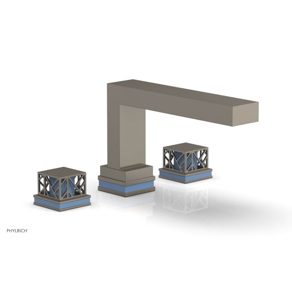 Pewter Jolie 3-Hole Deck Tub Filler With Rectangular Spout, Square Cutaway Handles, And Light Blue