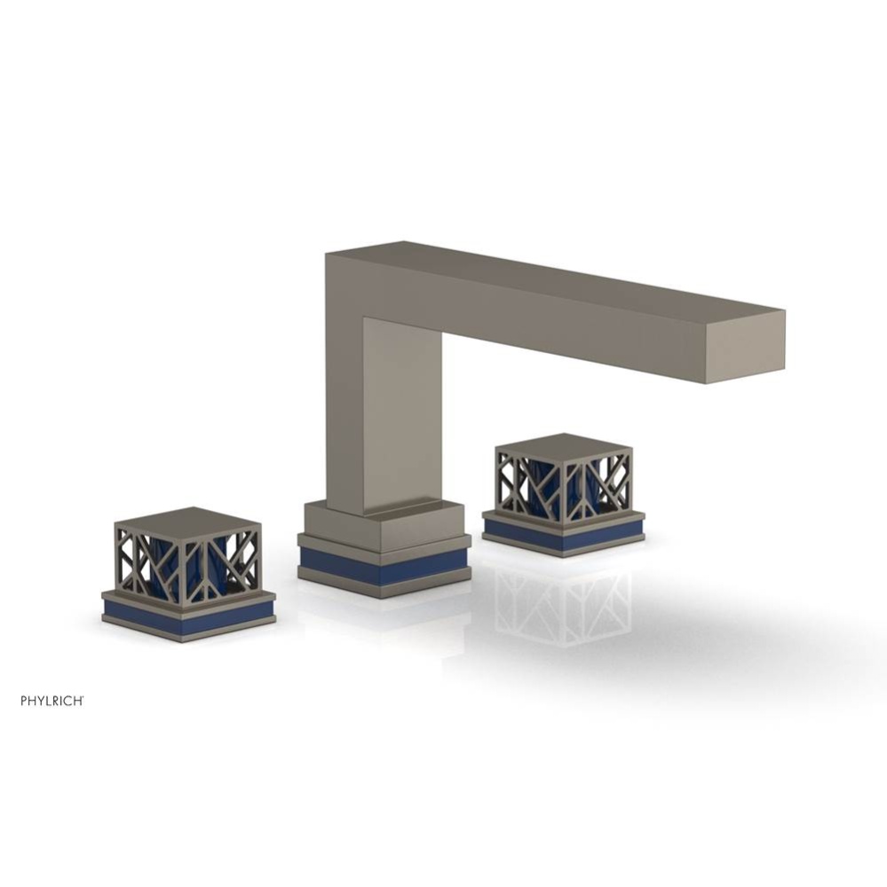 Pewter Jolie 3-Hole Deck Tub Filler With Rectangular Spout, Square Cutaway Handles, And Navy Blue