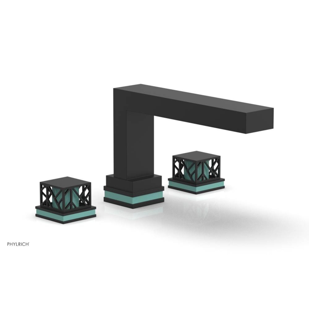 Matte Black Jolie 3-Hole Deck Tub Filler With Rectangular Spout, Square Cutaway Handles, And Turqu