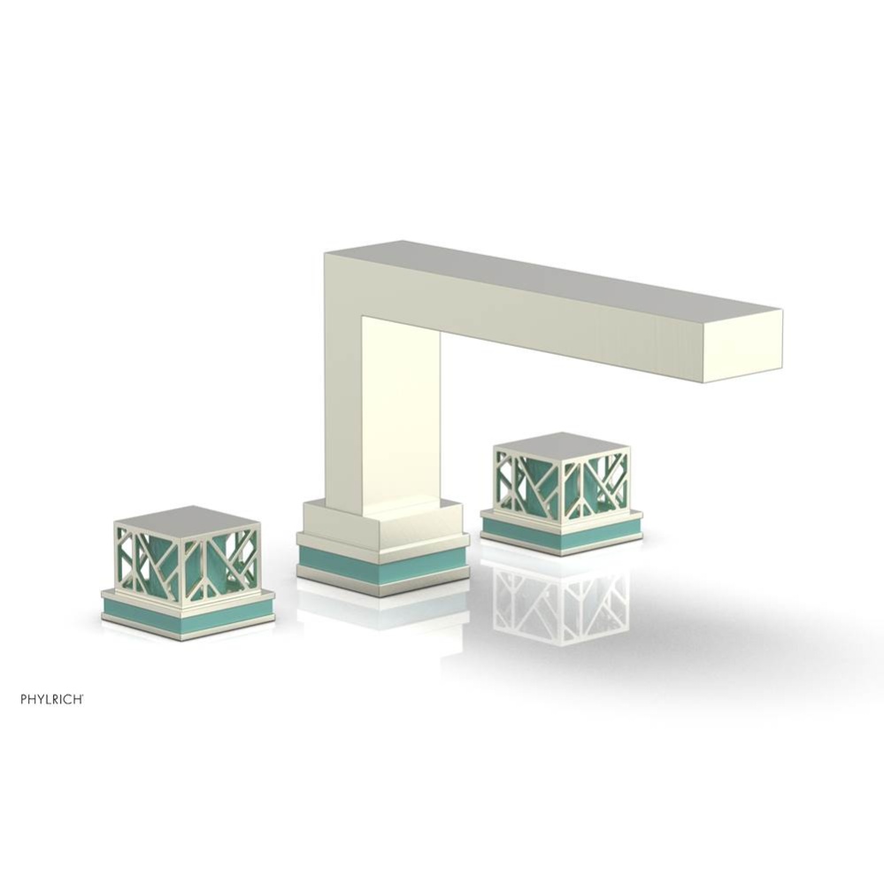 Satin Nickel Jolie 3-Hole Deck Tub Filler With Rectangular Spout, Square Cutaway Handles, And Turq