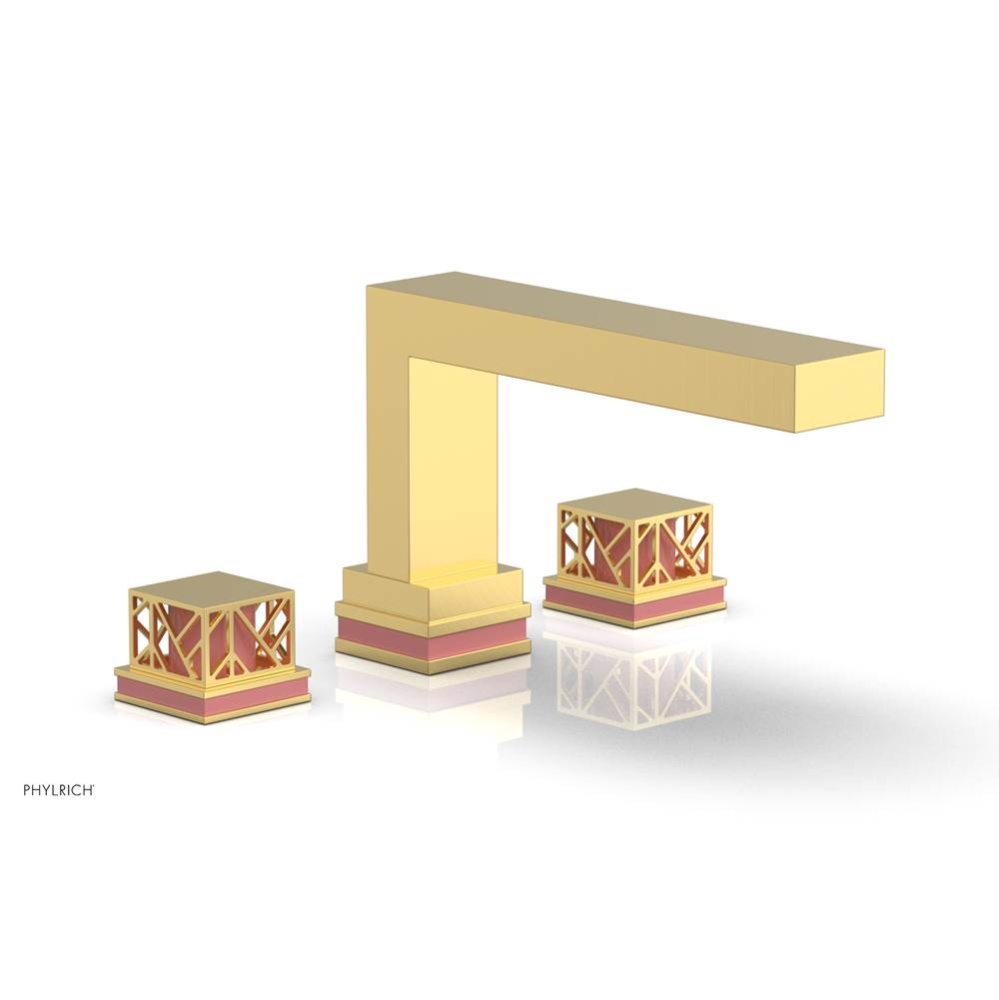 Satin Gold Jolie 3-Hole Deck Tub Filler With Rectangular Spout, Square Cutaway Handles, And Pink A