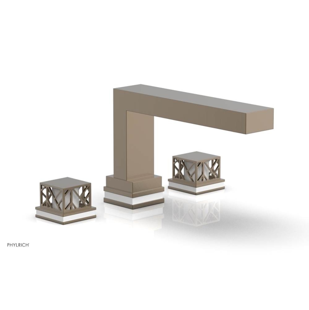 Antique Brass Jolie 3-Hole Deck Tub Filler With Rectangular Spout, Square Cutaway Handles, And Glo