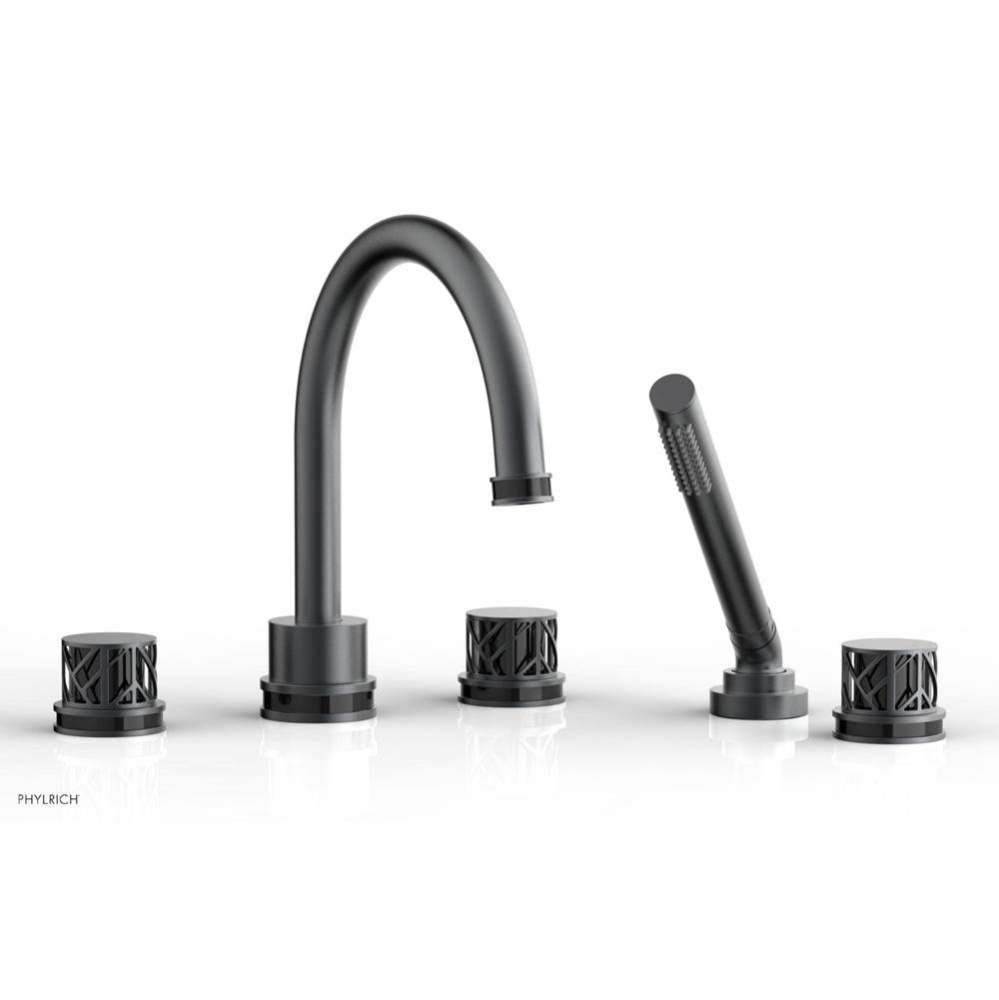Gunmetal Gray Jolie 5-Hole Deck Tub Filler With Gooseneck Spout, Round Cutaway Handles, And Black