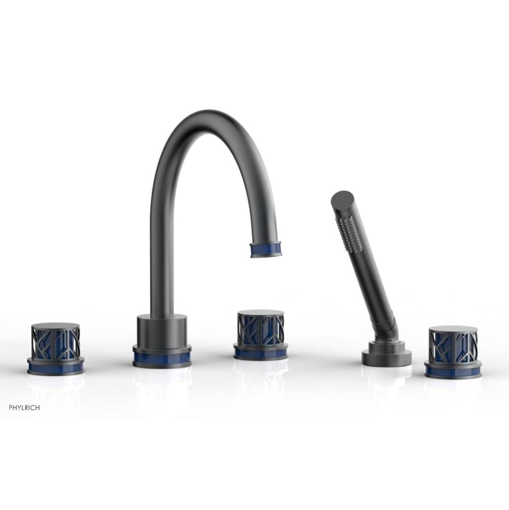 Gunmetal Gray Jolie 5-Hole Deck Tub Filler With Gooseneck Spout, Round Cutaway Handles, And Navy B