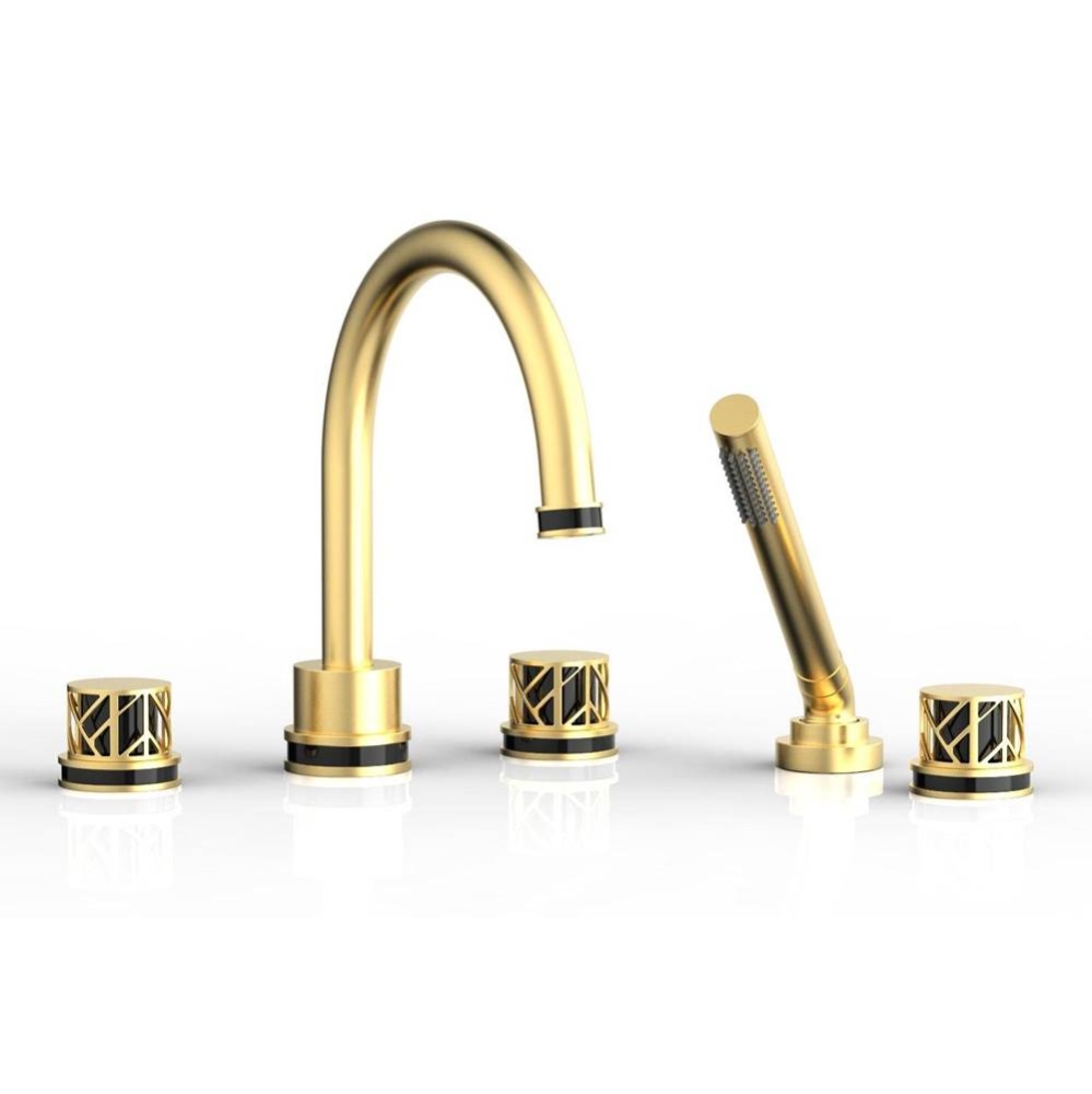 Burnished Gold Jolie 5-Hole Deck Tub Filler With Gooseneck Spout, Round Cutaway Handles, And Black