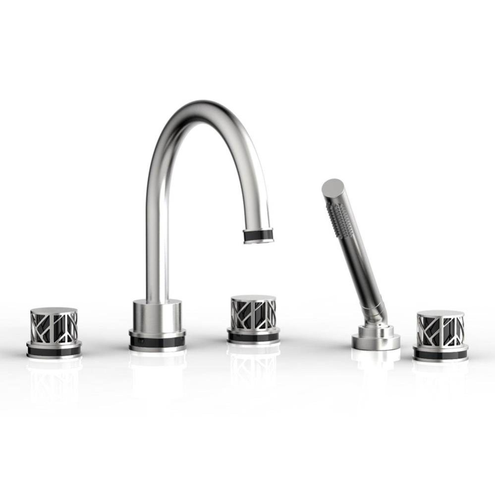 Satin Chrome Jolie 5-Hole Deck Tub Filler With Gooseneck Spout, Round Cutaway Handles, And Black A