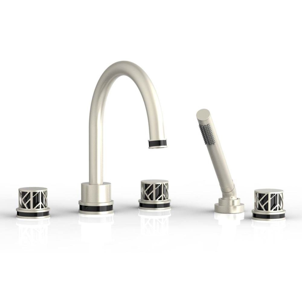 Burnished Nickel Jolie 5-Hole Deck Tub Filler With Gooseneck Spout, Round Cutaway Handles, And Bla
