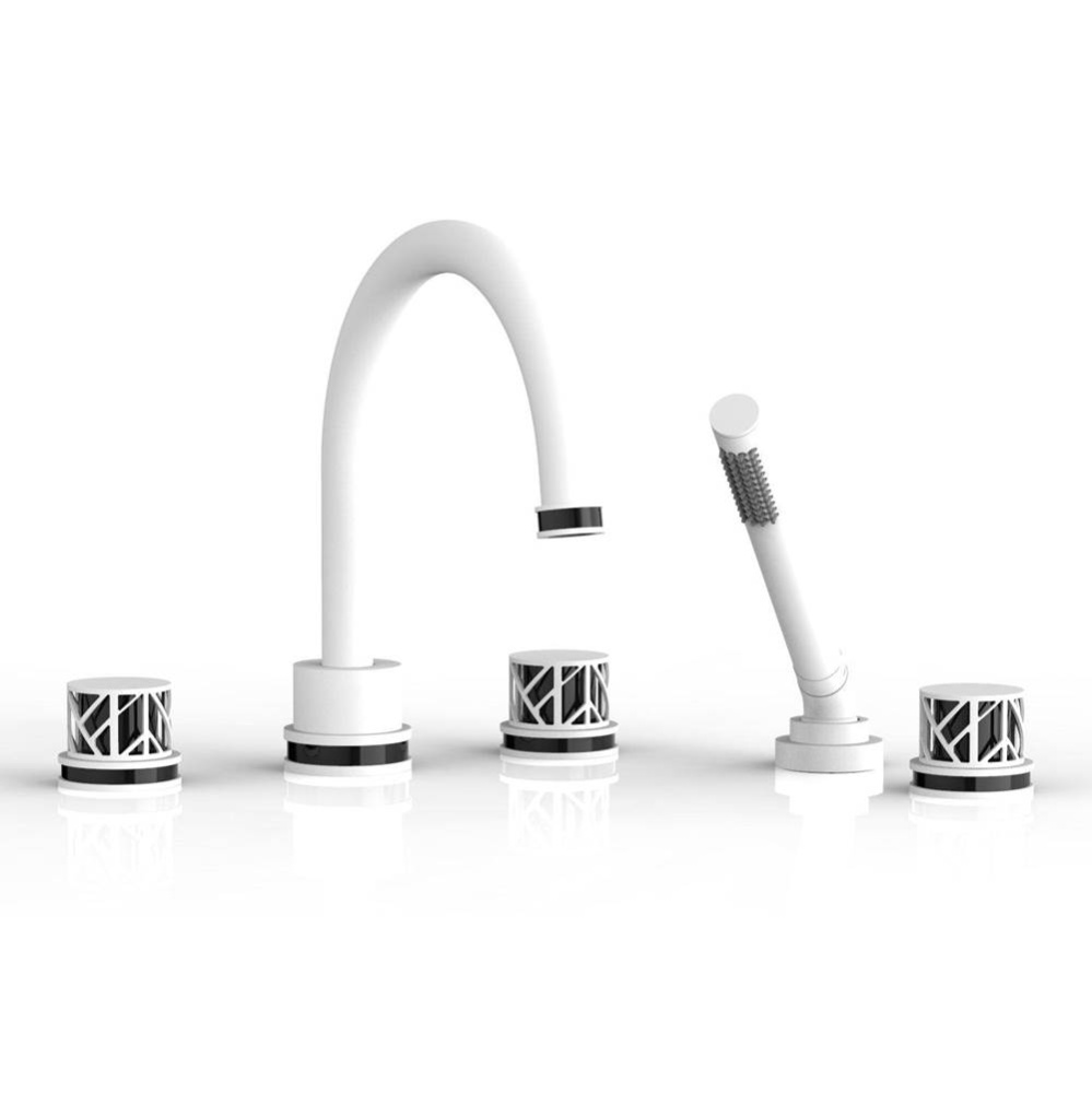 Satin White Jolie 5-Hole Deck Tub Filler With Gooseneck Spout, Round Cutaway Handles, And Black Ac