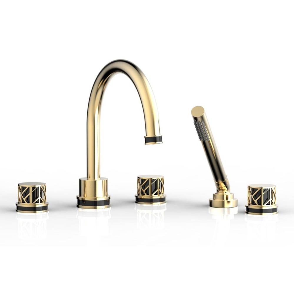 Satin Brass Jolie 5-Hole Deck Tub Filler With Gooseneck Spout, Round Cutaway Handles, And Black Ac